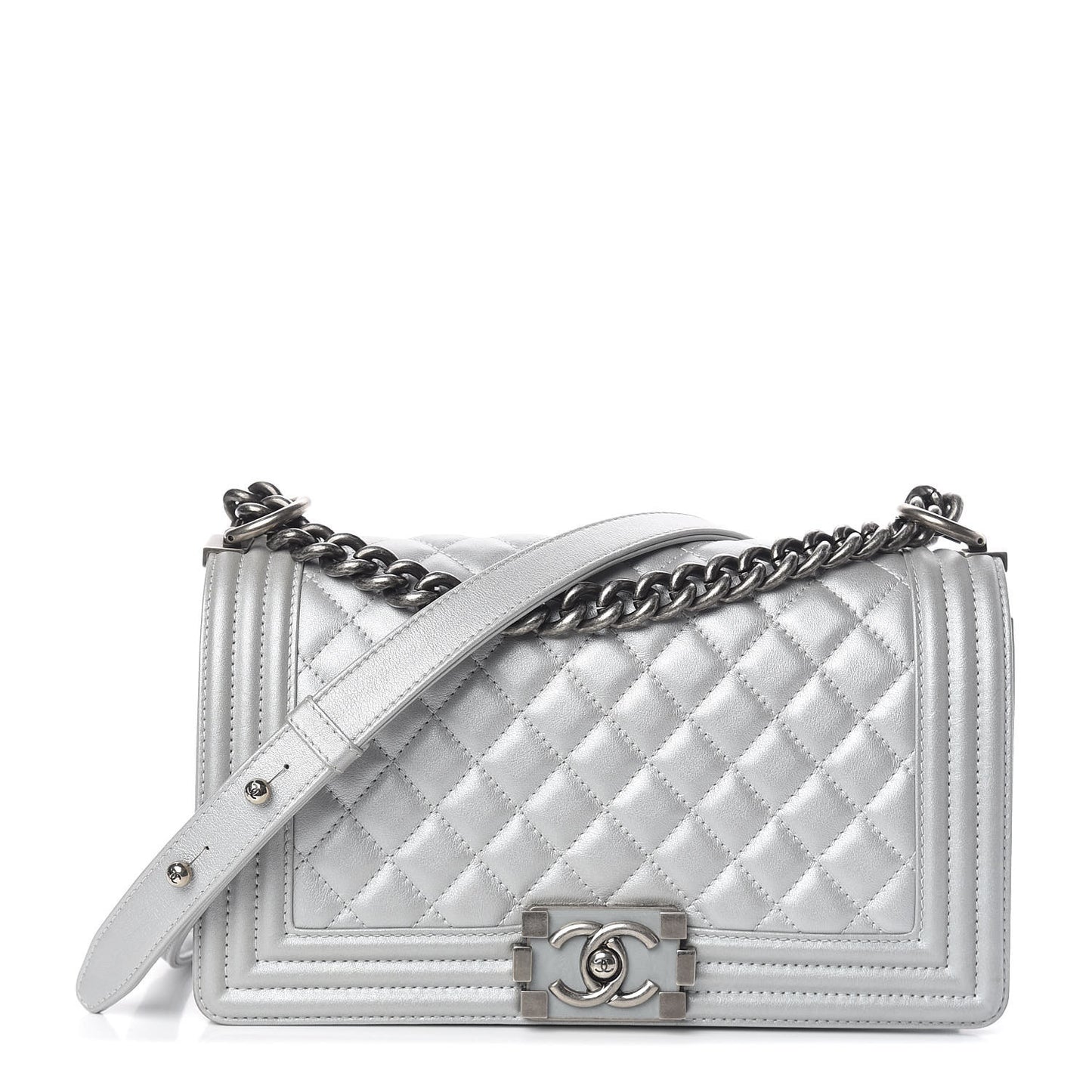 Metallic Calfskin Quilted Medium Boy Flap Silver