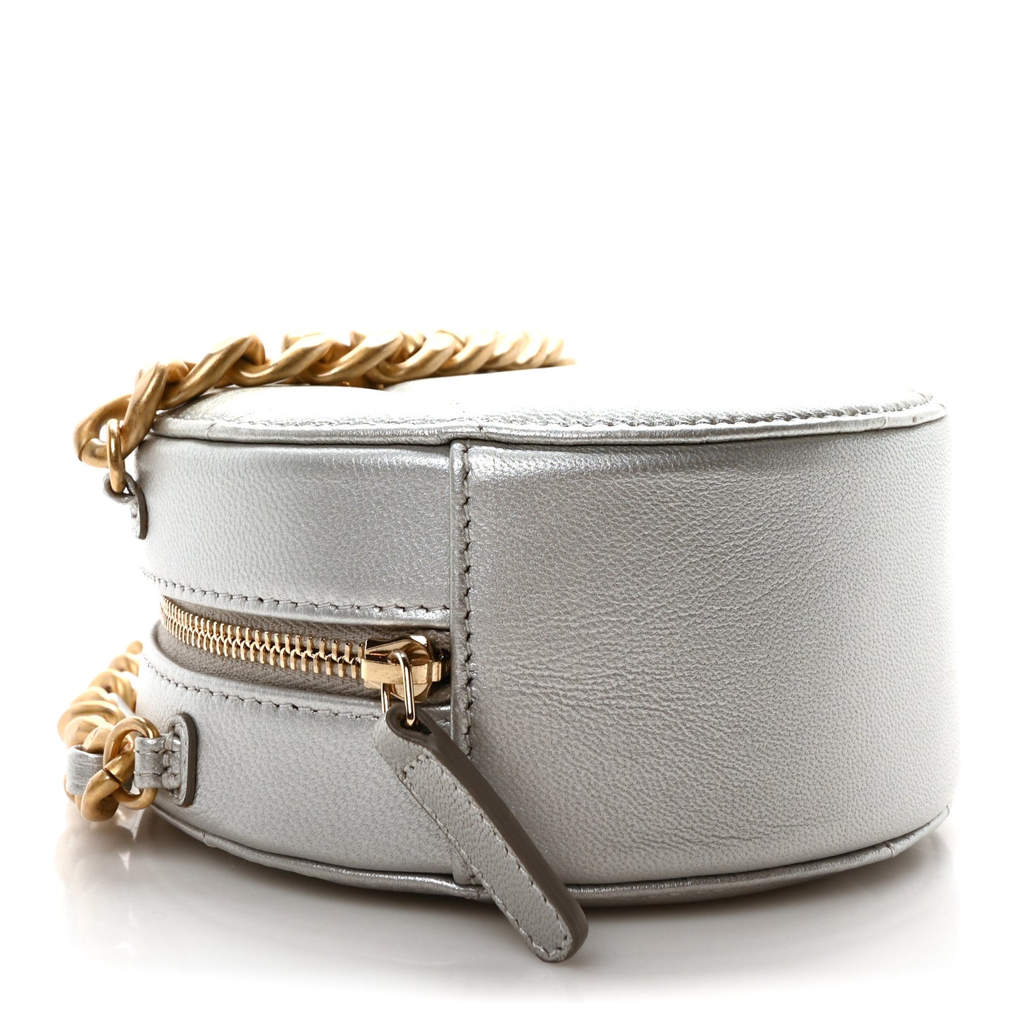 Metallic Lambskin Quilted Chanel 19 Round Clutch With Chain Silver