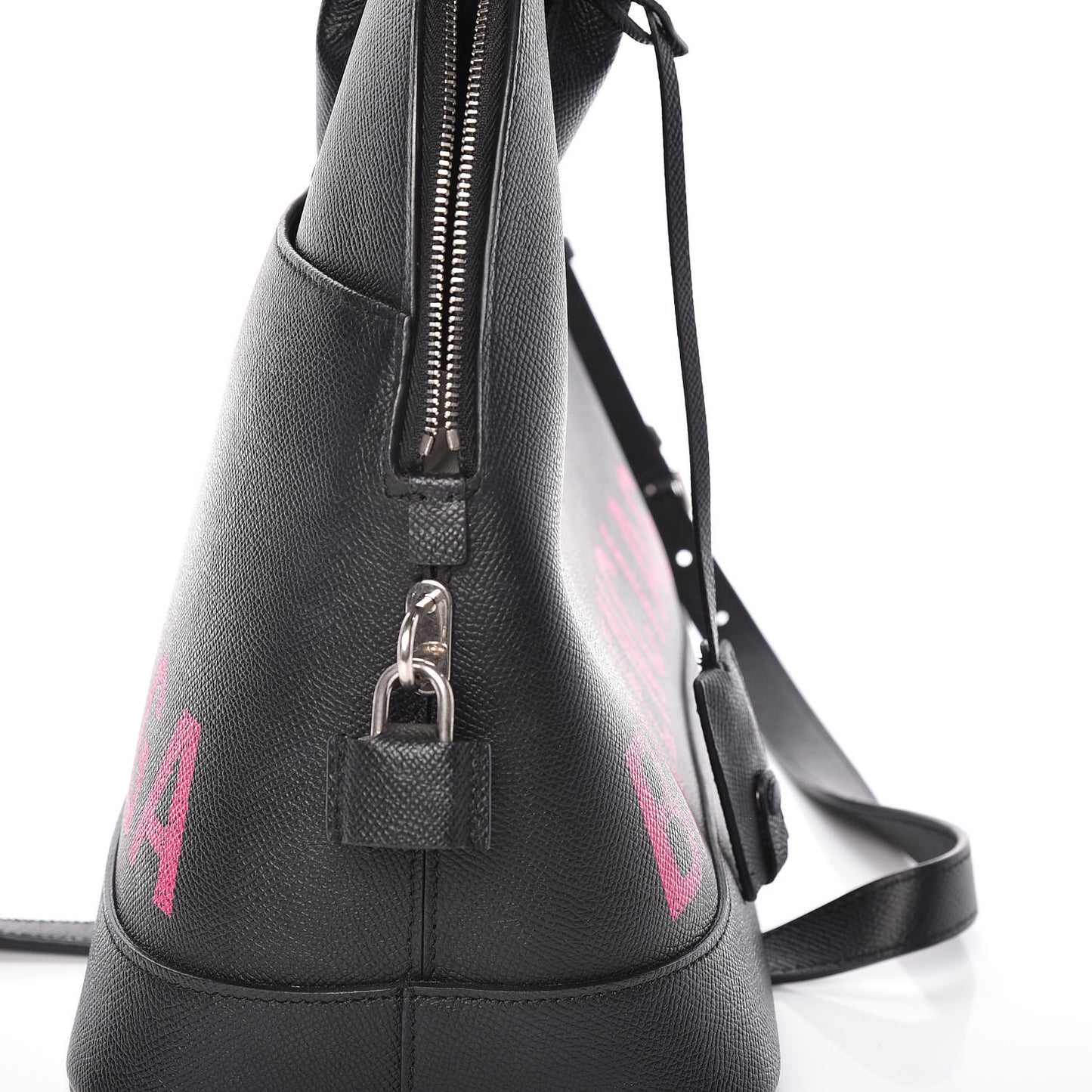 Signature Grained Calfskin Logo M Ville Top Handle Bag Black Rose Shocking