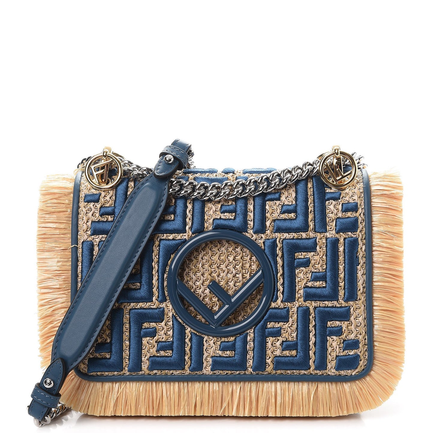 Raffia Vitello Century F is Fendi FF Embroidered Fringe Small Kan I Shoulder Bag Natural Blue