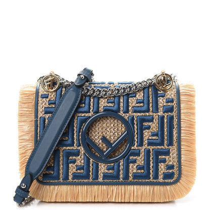 Fendi Raffia Vitello Century F is Fendi FF Embroidered Fringe Small Kan I Shoulder Bag Natural Blue 1 of 8