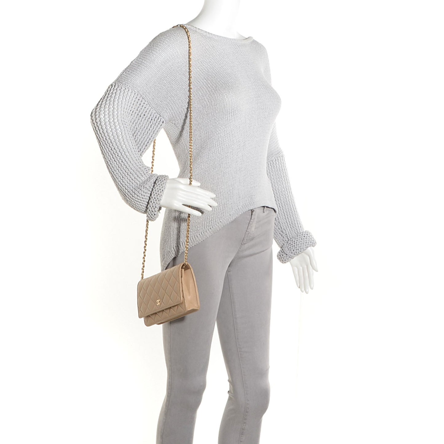 Lambskin Quilted Wallet On Chain WOC Beige Fonce