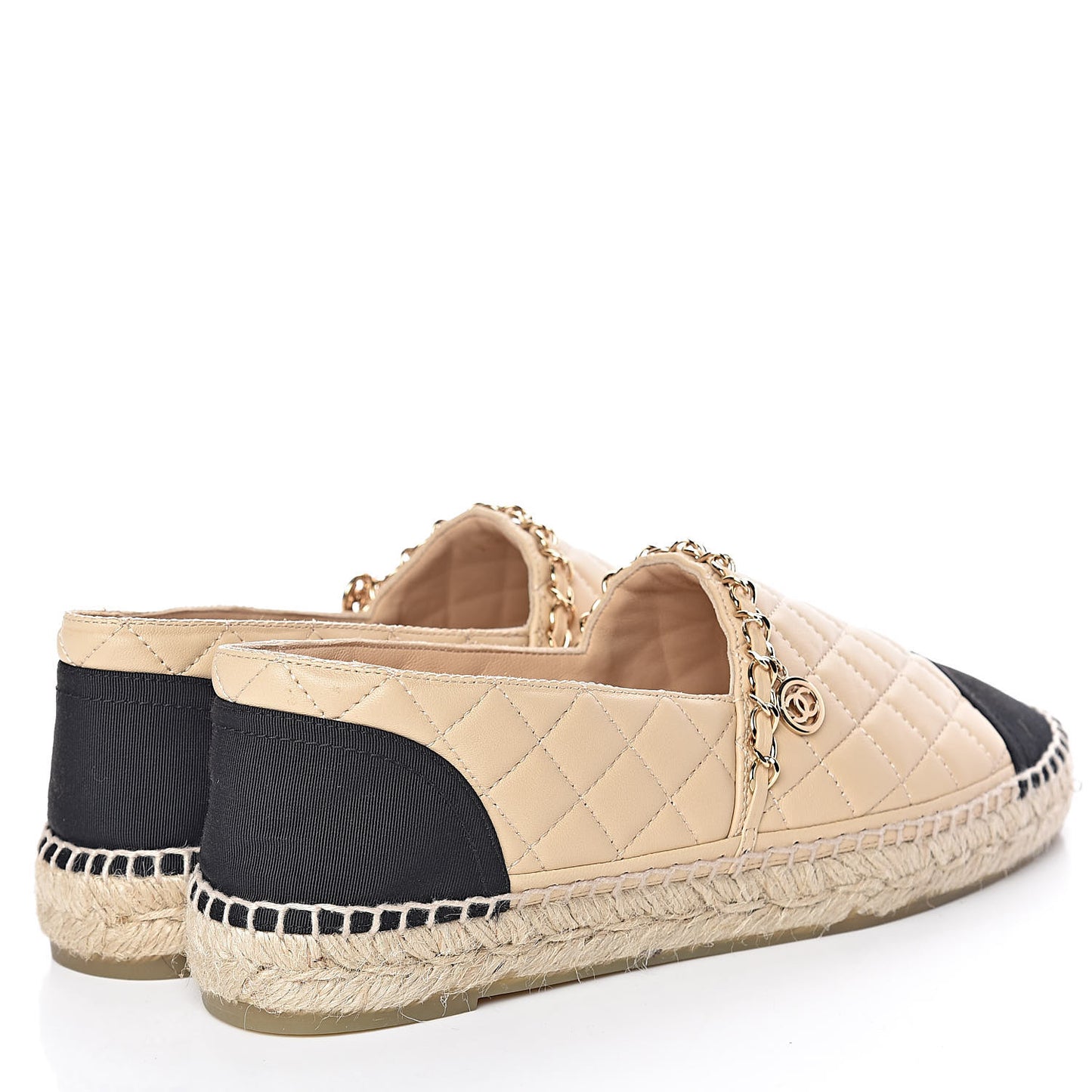 Lambskin Grosgrain Quilted CC Chain Espadrilles 40 Beige Black