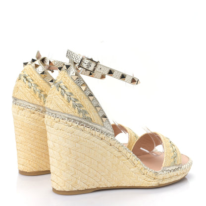 Valentino Garavani Raffia Rockstud Ankle Strap Espadrille 15/105mm Wedge Sandals 41 Naturale Silver 4 of 7