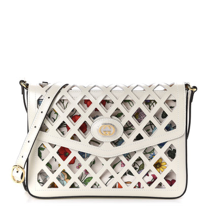 Gucci Canvas Flora Floral Calfskin Medium Cutout Shoulder Bag White Multicolor 1 of 9