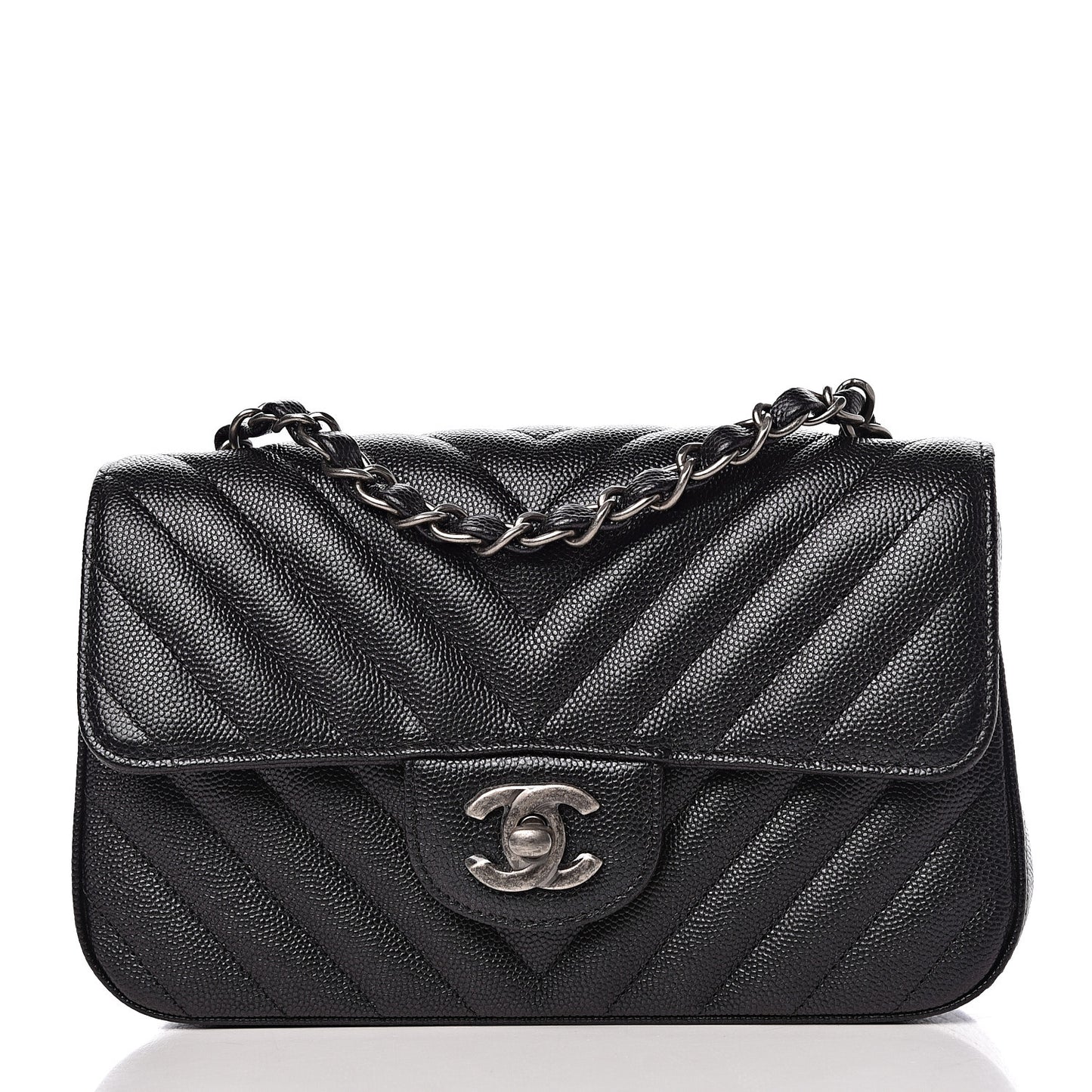 Iridescent Caviar Chevron Quilted Mini Rectangular Flap Black