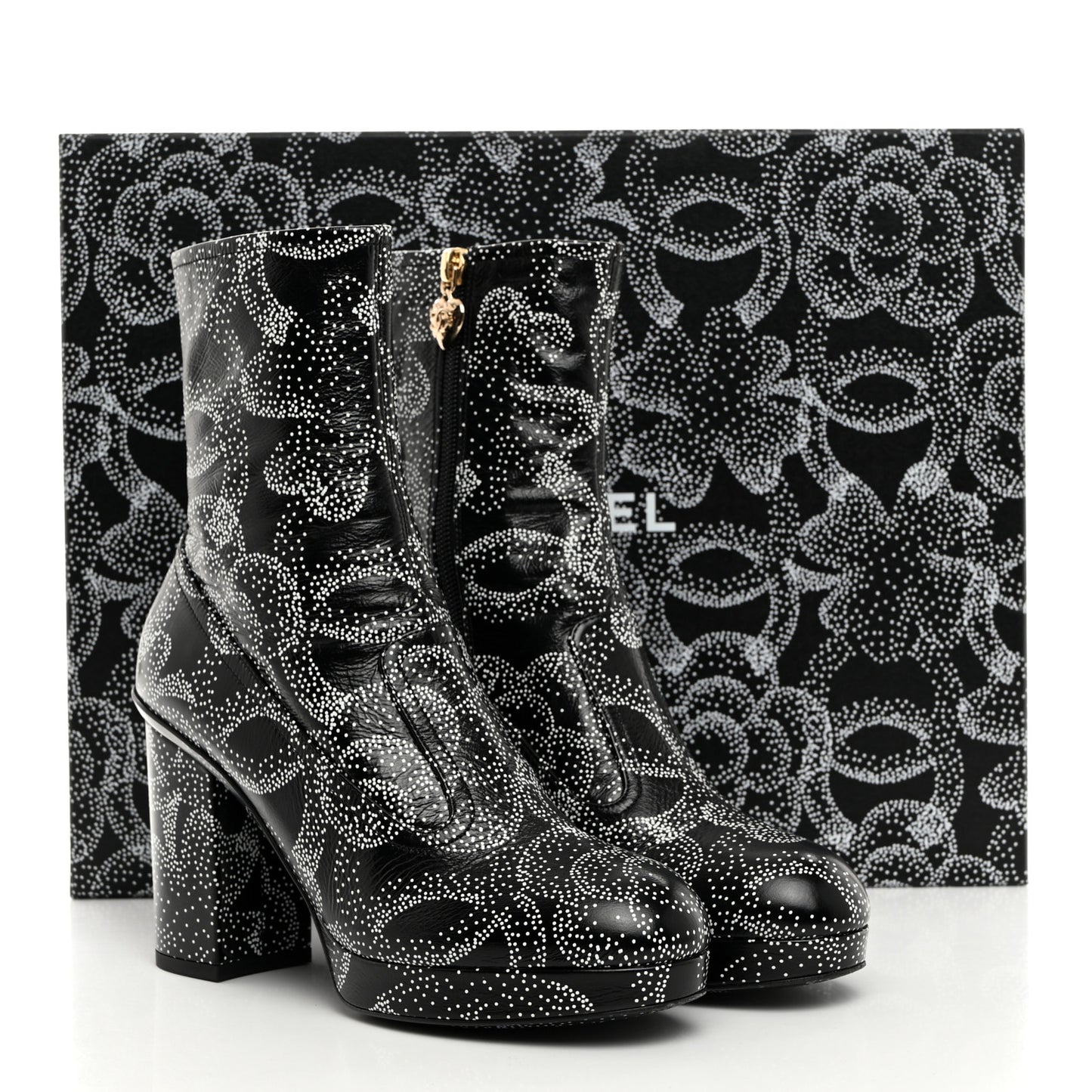 Calfskin Camellia Printed Ankle Boots 37.5 Black White