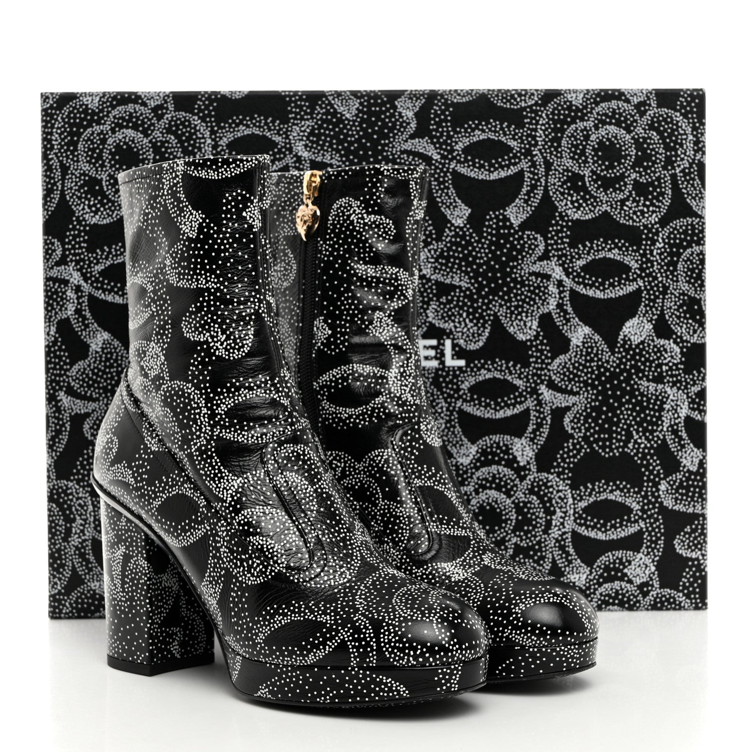 Chanel Calfskin Camellia Printed Ankle Boots 37.5 Black White 9 of 9