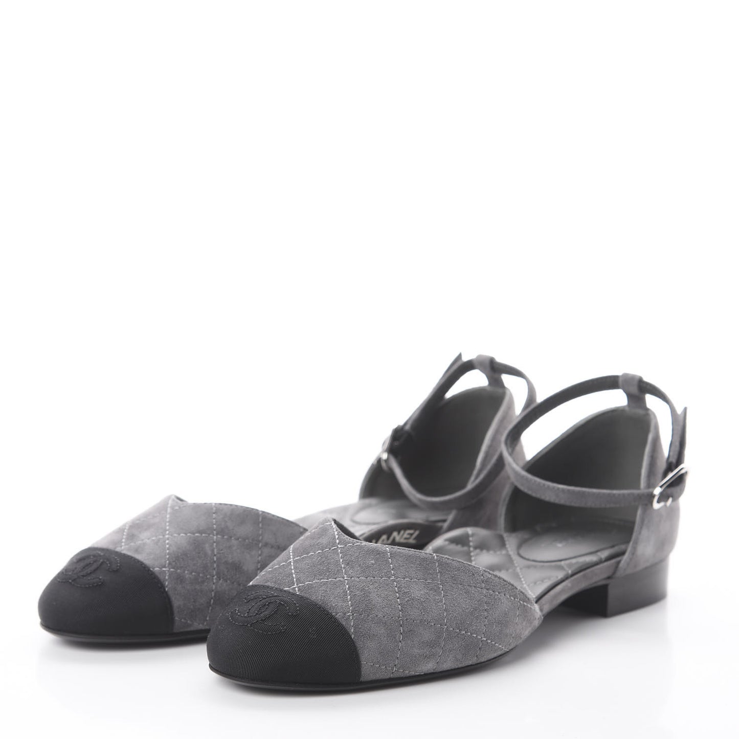 Suede Grosgrain Cap Toe CC Ankle Strap Sandals 37.5 Grey Black