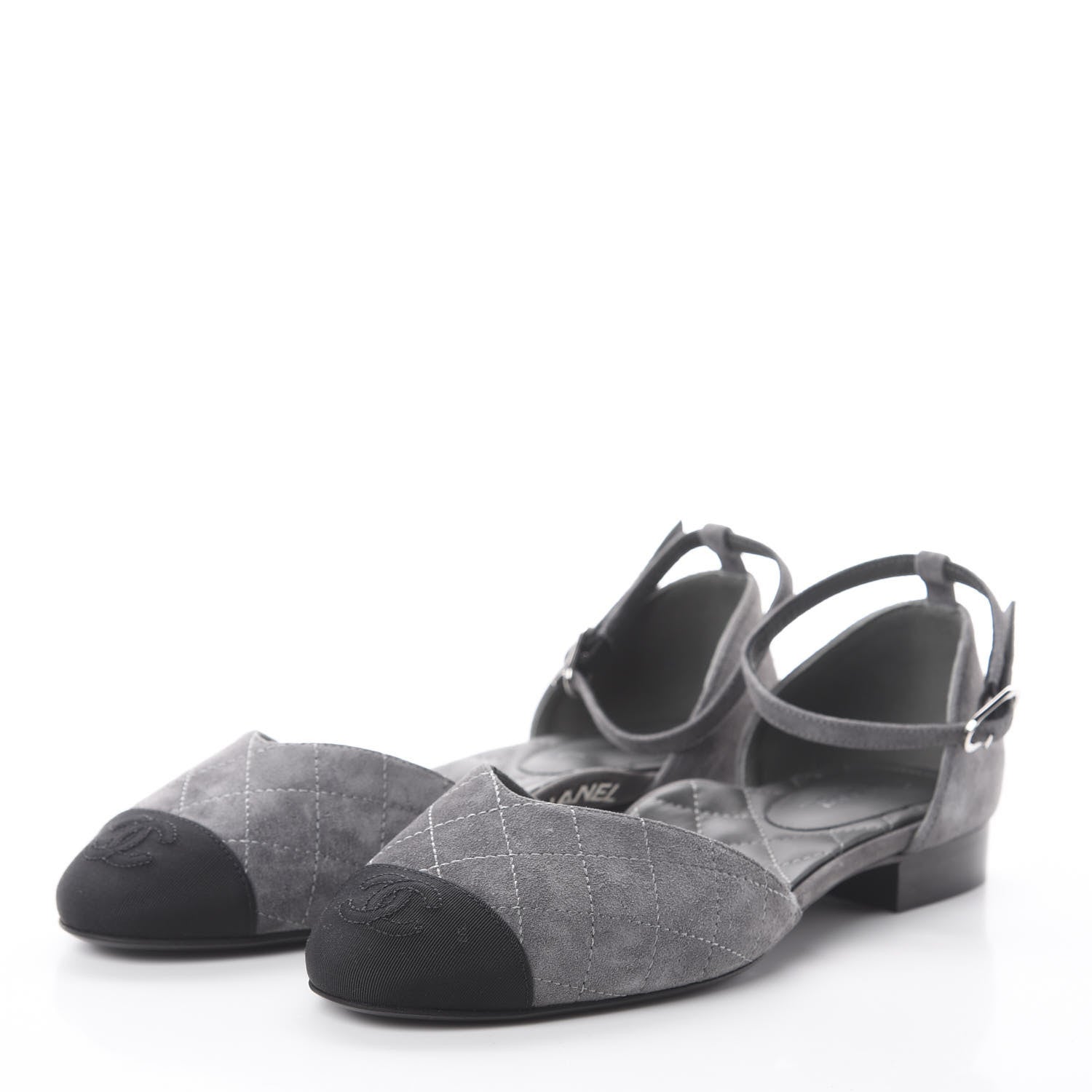 Chanel Suede Grosgrain Cap Toe CC Ankle Strap Sandals 37.5 Grey Black 2 of 7