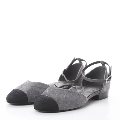 Chanel Suede Grosgrain Cap Toe CC Ankle Strap Sandals 37.5 Grey Black 2 of 7