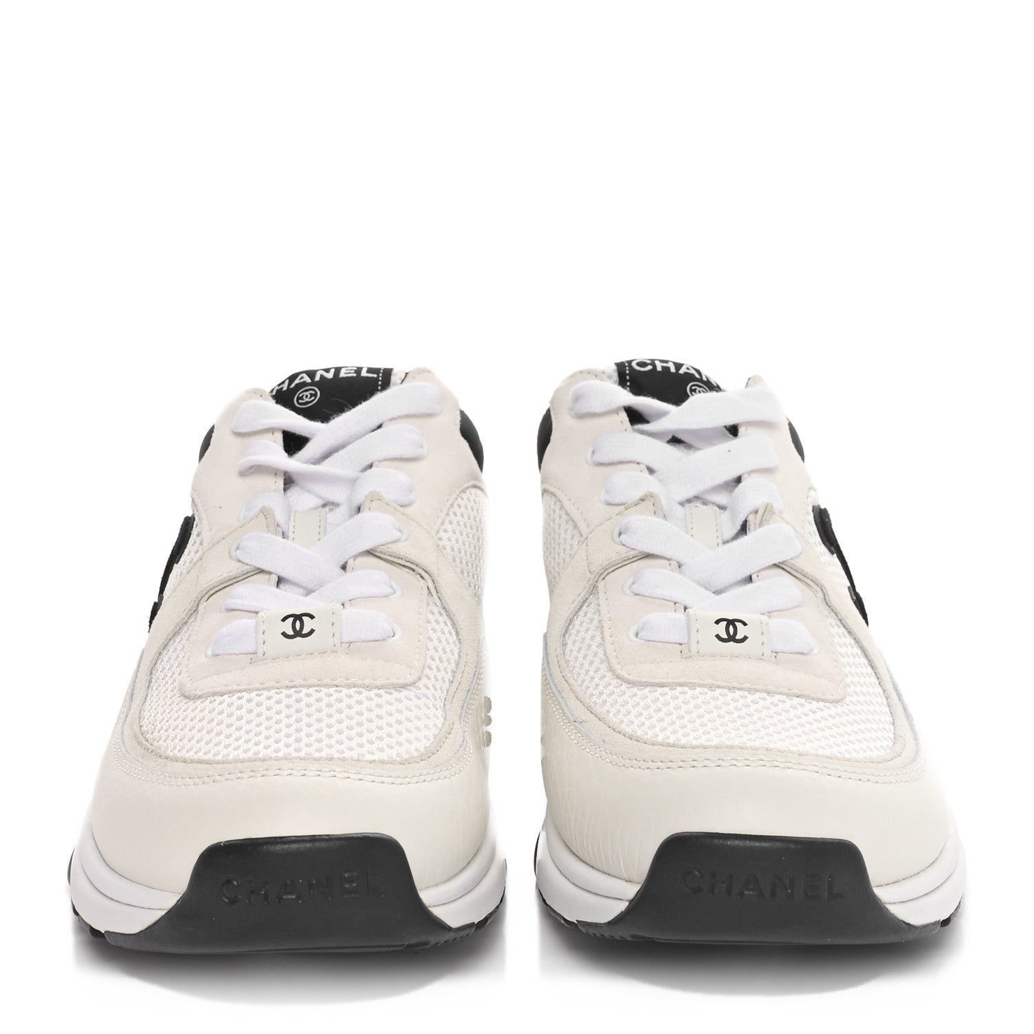 Chanel Mesh Suede Calfskin Grained Calfskin Womens CC Sneakers 38.5 White Black 3 of 9