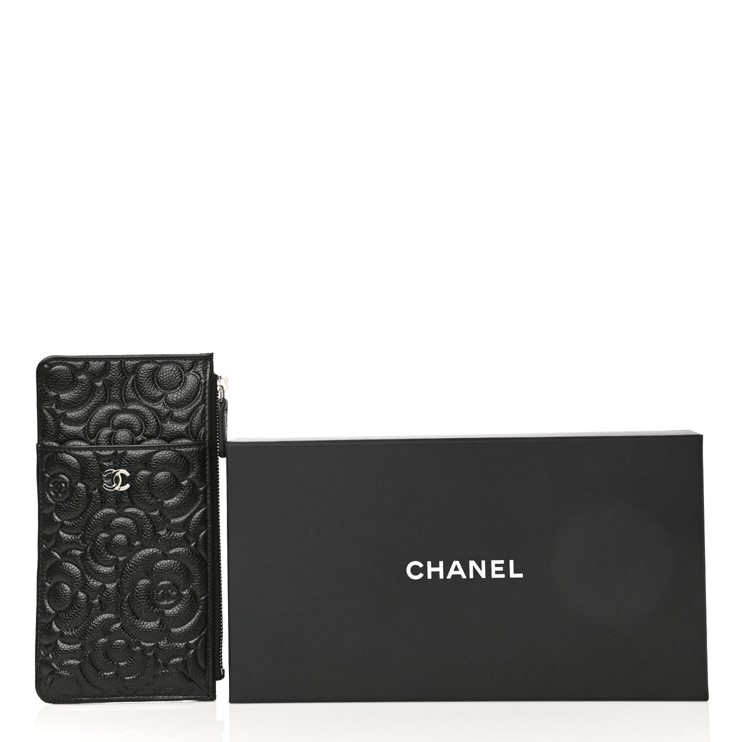 Caviar Camellia Embossed Classic Flat Wallet Pouch Black