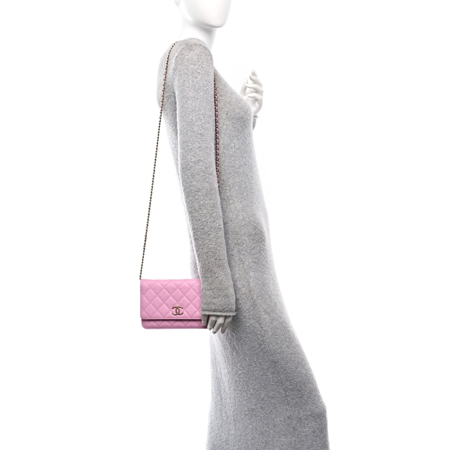 Chanel Caviar Quilted Perforated Metal CC Wallet On Chain WOC Lilac Light Green 2 of 11