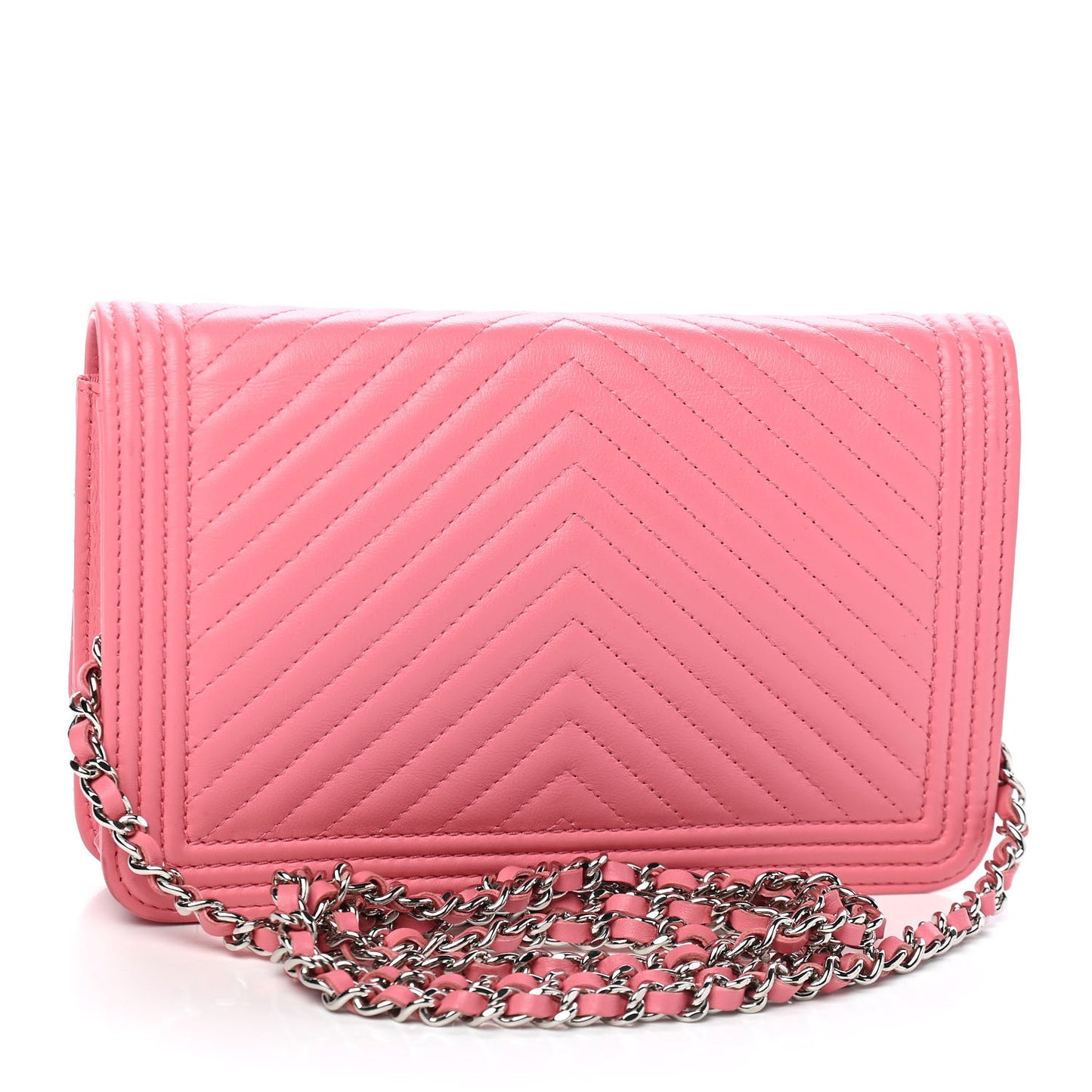 Calfskin Chevron Quilted Boy Wallet On Chain WOC Pink