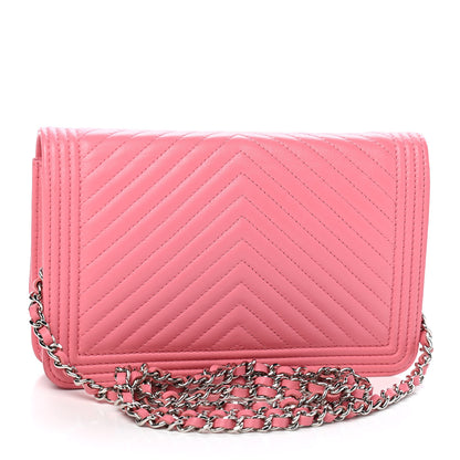 Chanel Calfskin Chevron Quilted Boy Wallet On Chain WOC Pink 3 of 10
