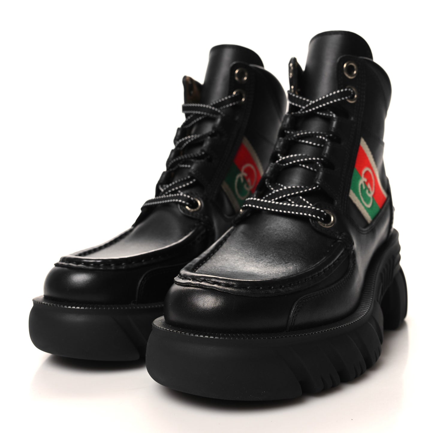 Quebec Calfskin Web Womens Interlocking G Lace Up Combat Boots 35 Black Mystic White Green Red