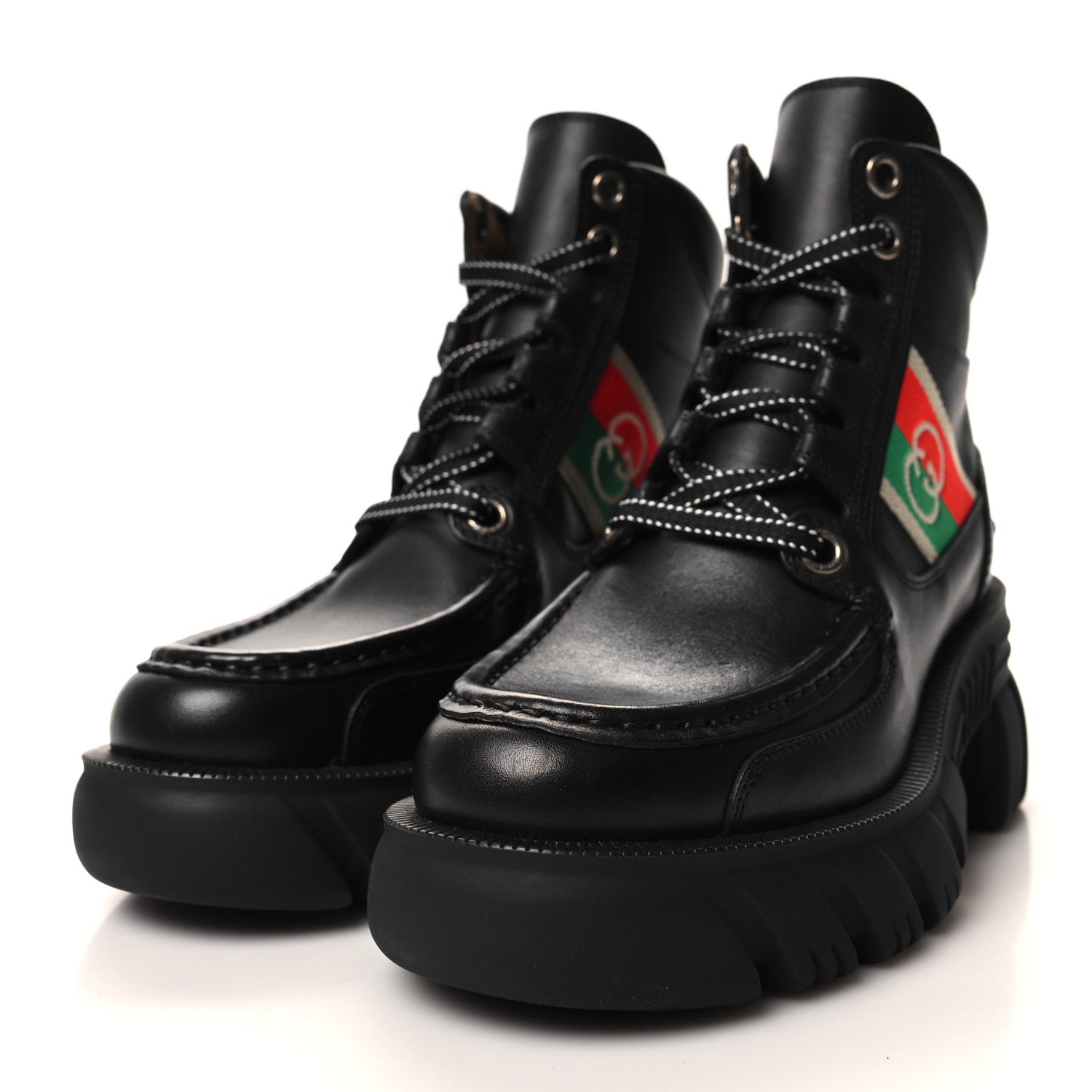 Gucci Quebec Calfskin Web Womens Interlocking G Lace Up Combat Boots 35 Black Mystic White Green Red 3 of 9