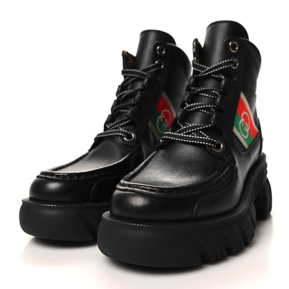 Gucci Quebec Calfskin Web Womens Interlocking G Lace Up Combat Boots 35 Black Mystic White Green Red 3 of 9