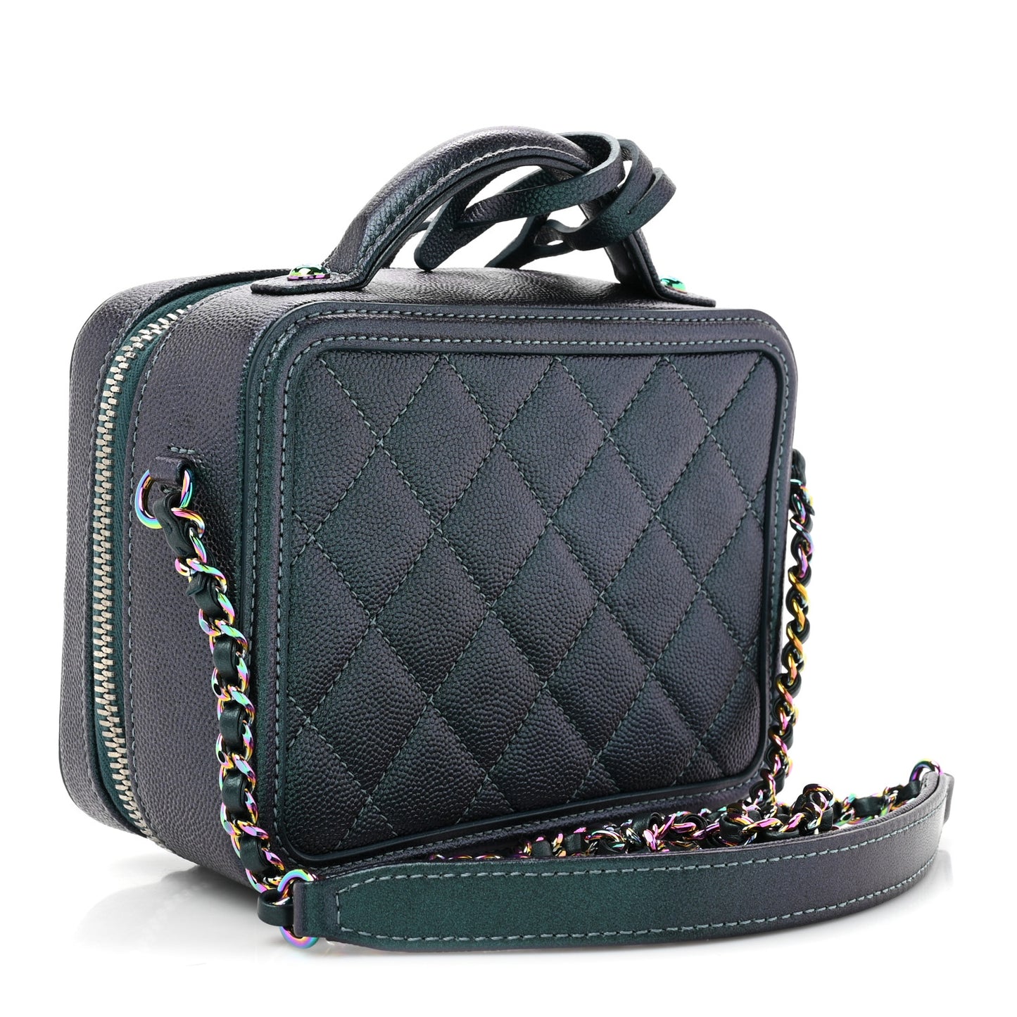 Iridescent Caviar Quilted Small CC Filigree Vanity Case Dark Turquoise