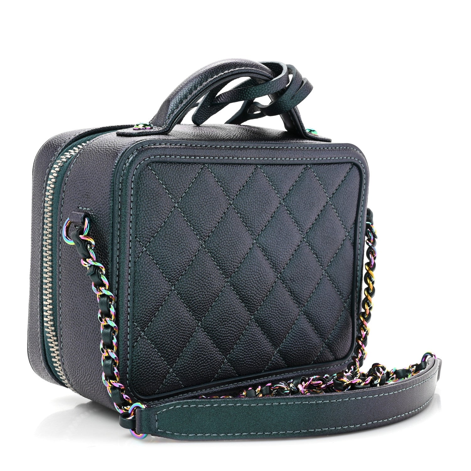 Chanel Iridescent Caviar Quilted Small CC Filigree Vanity Case Dark Turquoise 3 of 12