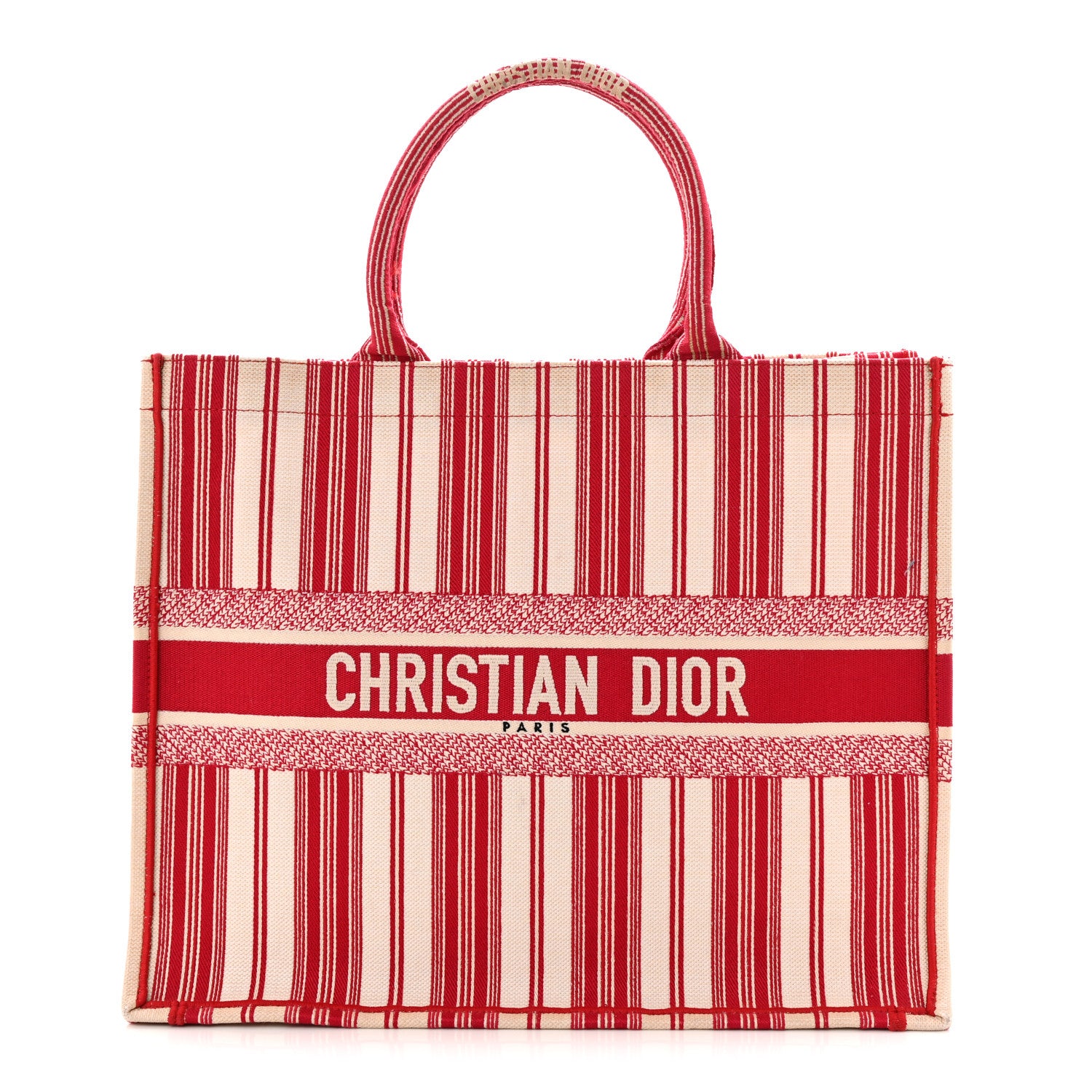 Christian Dior Canvas Embroidered Mykonos Large Striped Book Tote Red 1 of 11
