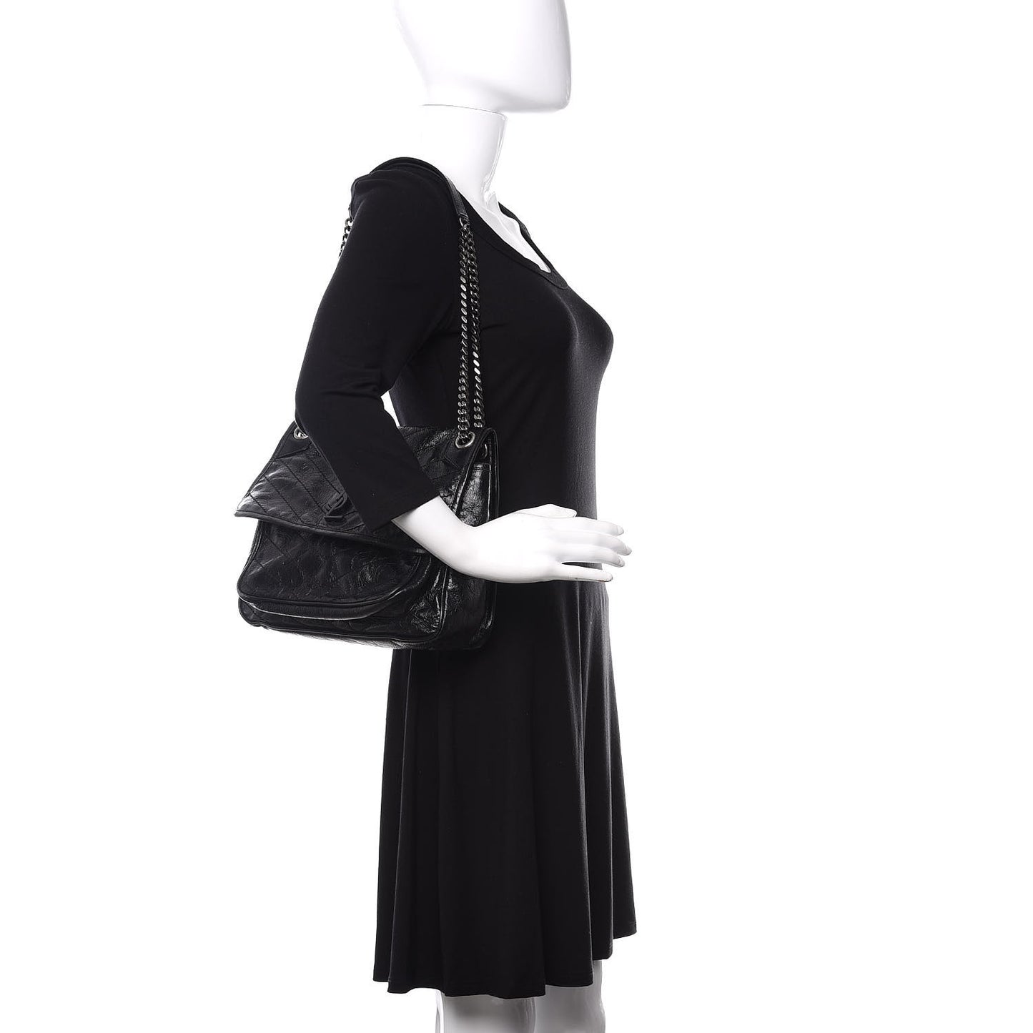Crinkled Calfskin Matelasse Monogram Medium Niki Chain Satchel Black