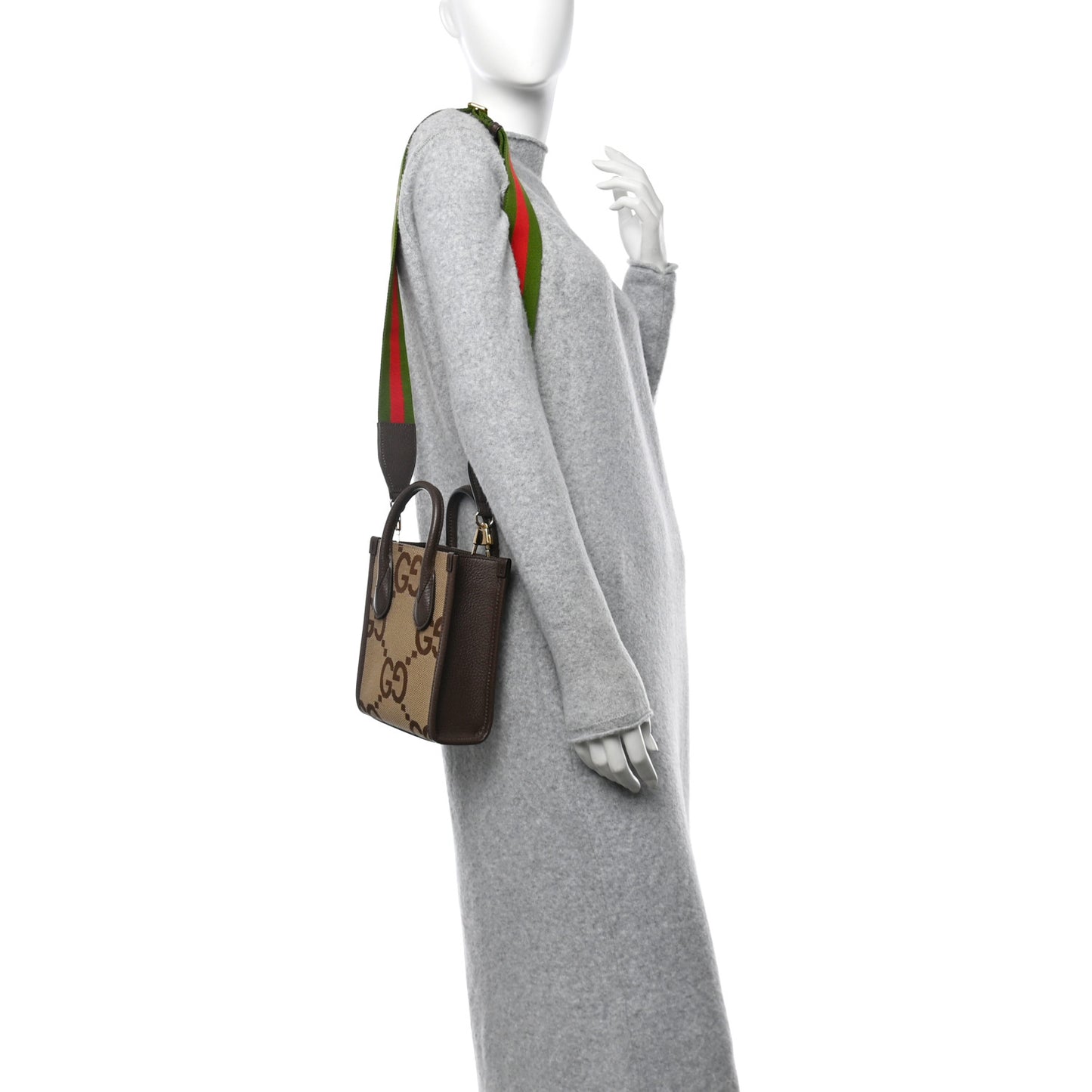 Monogram Jumbo GG Textured Dollar Calfskin Web Mini Vertical Tote Camel Ebony New Acero