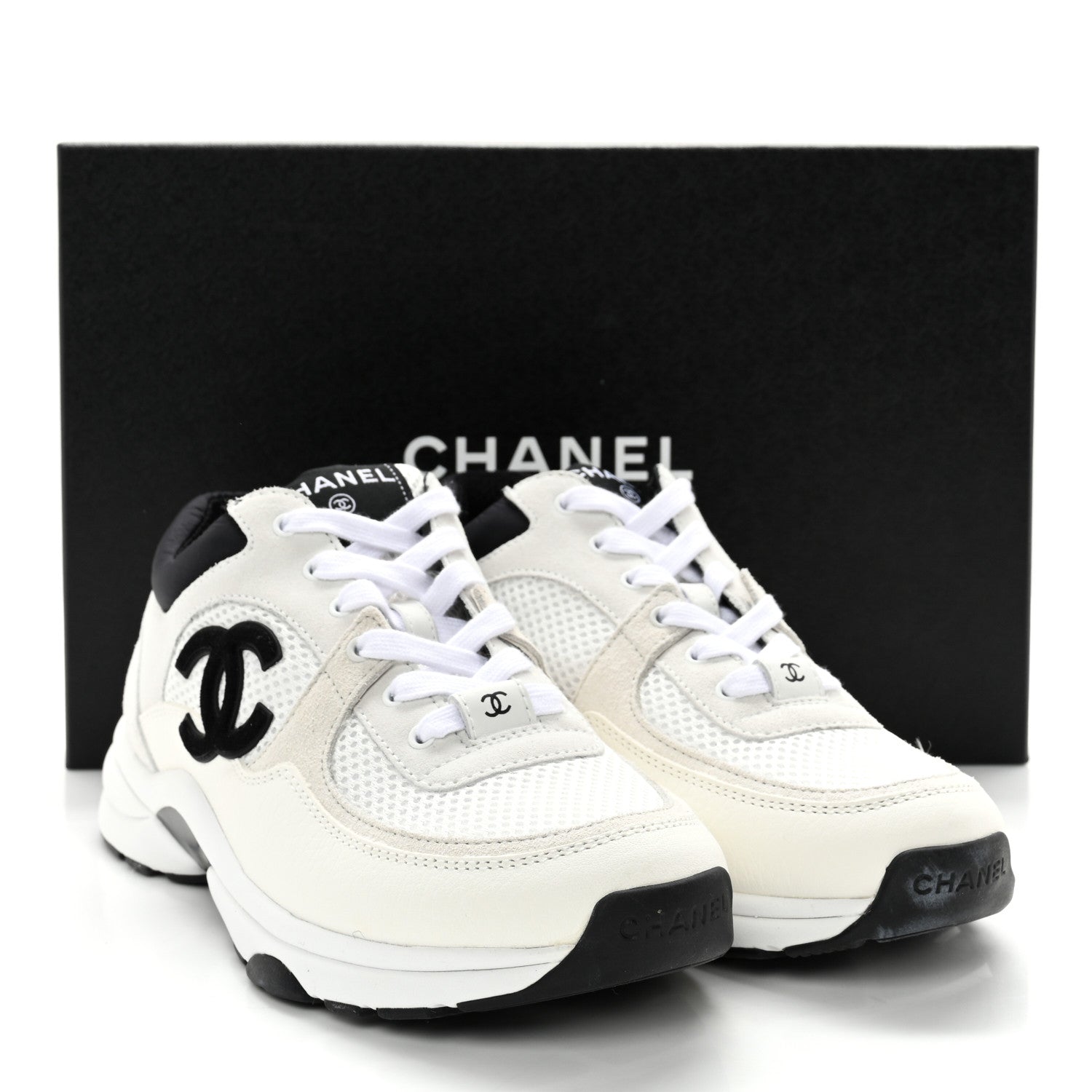 Chanel Mesh Suede Calfskin Grained Calfskin Womens CC Sneakers 38 White Black 12 of 12