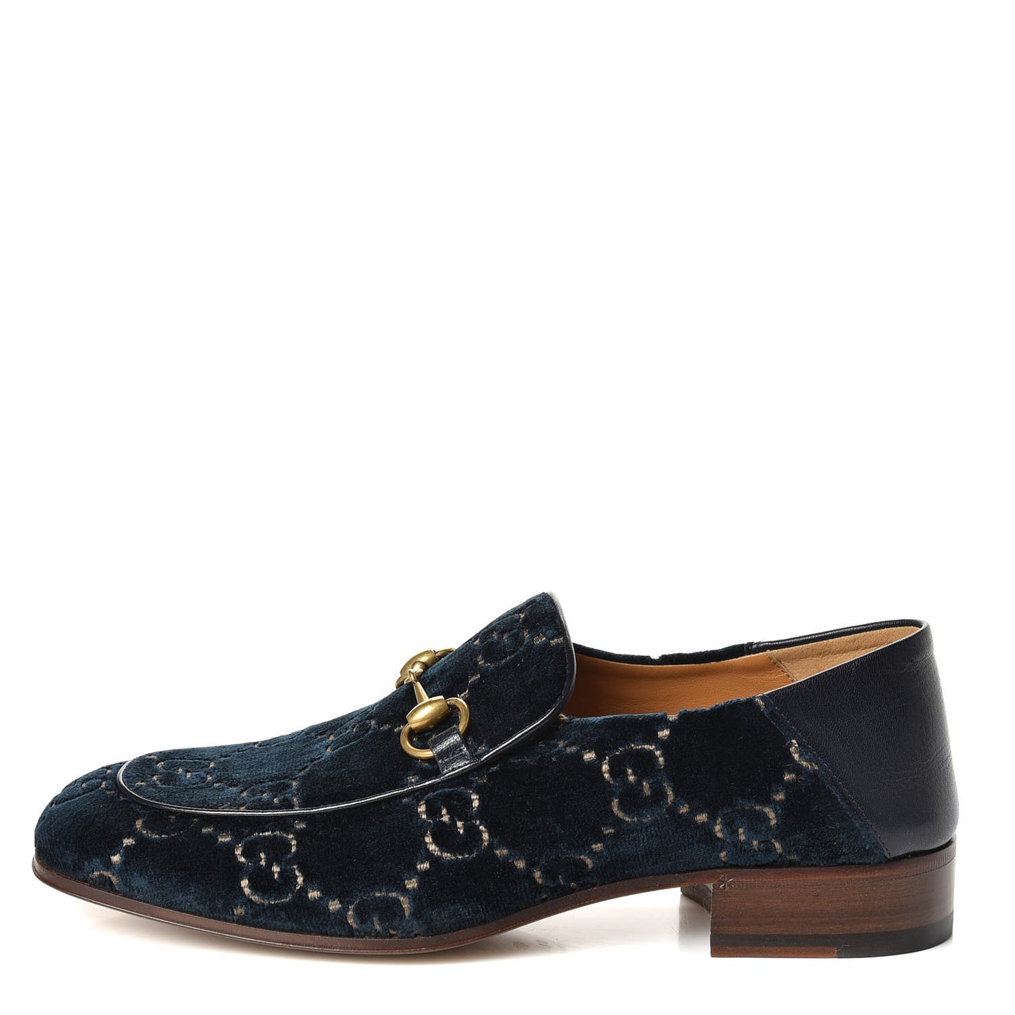 Velvet GG Monogram Goatskin Mens Horsebit Loafers 8 Blue Beige