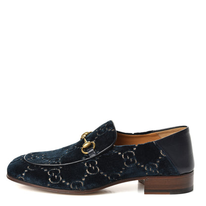 Gucci Velvet GG Monogram Goatskin Mens Horsebit Loafers 8 Blue Beige 1 of 11