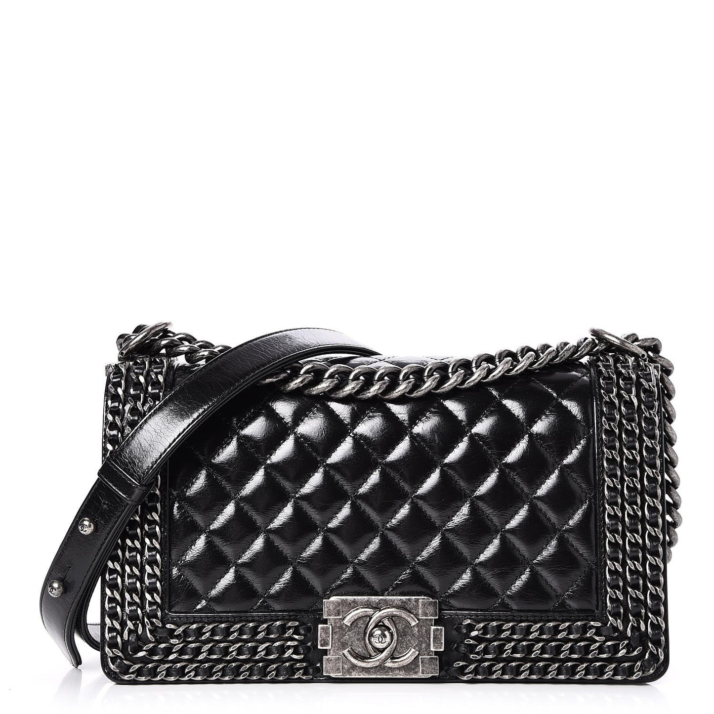 Glazed Calfskin Quilted Medium Boy Chained Flap Black