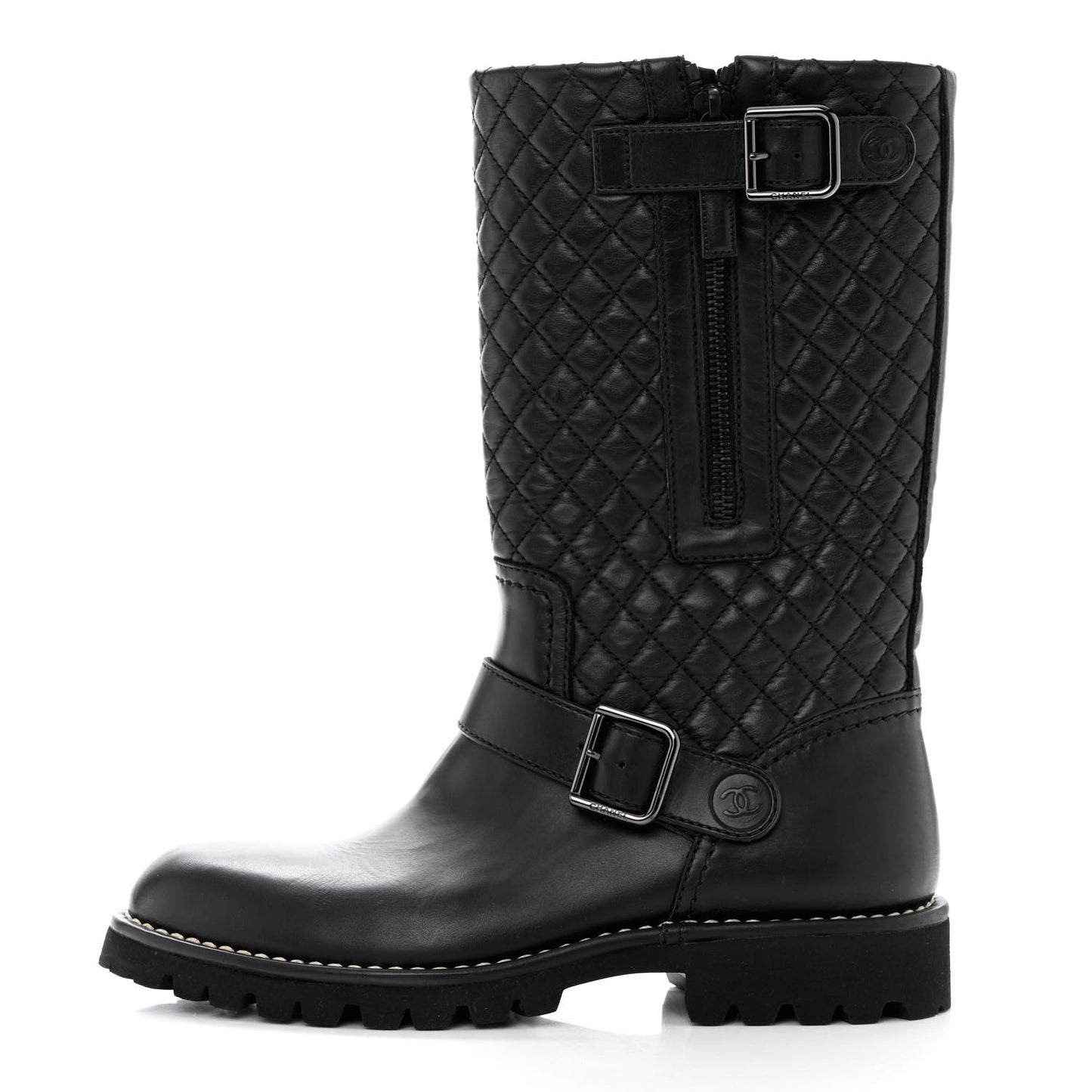 Calfskin Quilted Biker Boots 37.5 Black