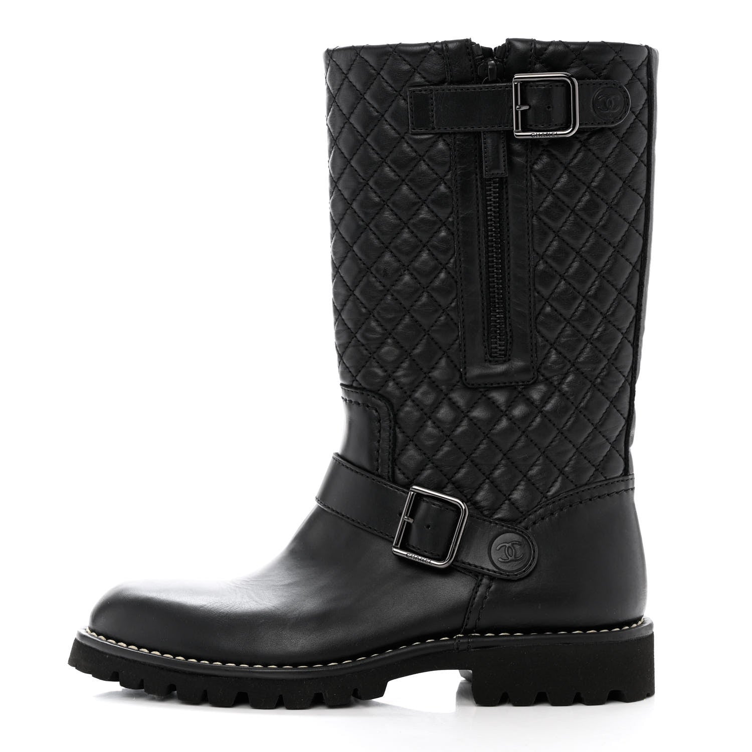 Chanel Calfskin Quilted Biker Boots 37.5 Black 1 of 7