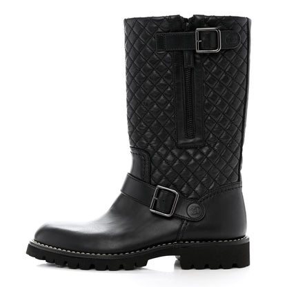 Chanel Calfskin Quilted Biker Boots 37.5 Black 1 of 7