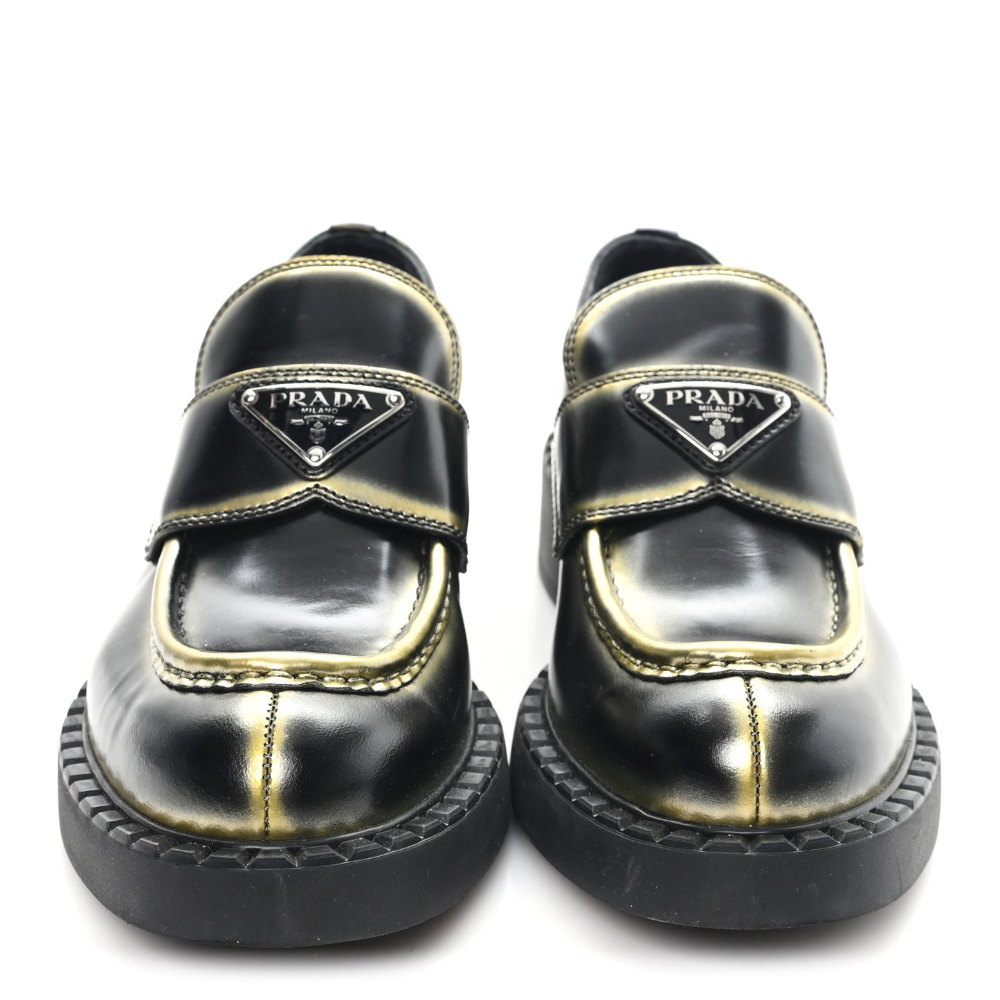 Spazzolato Sfumato Metal Triangle Logo 50mm Loafers 36 Black Platino