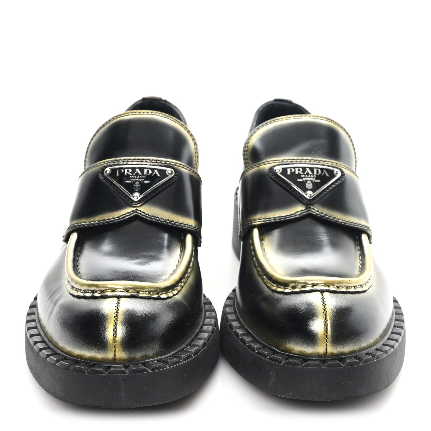 Prada Spazzolato Sfumato Metal Triangle Logo 50mm Loafers 36 Black Platino 3 of 10