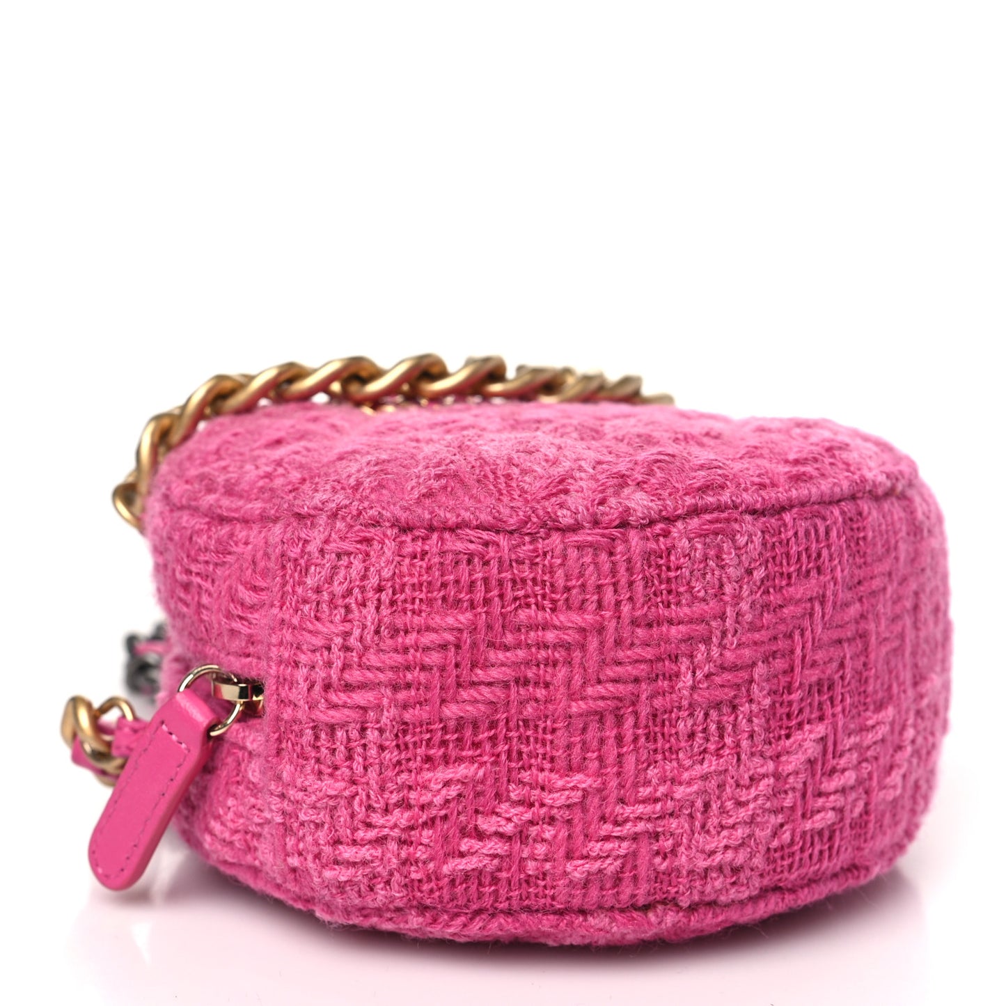 Wool Tweed Lambskin Quilted Chanel 19 Round Clutch With Chain and Coin Purse Fuchsia