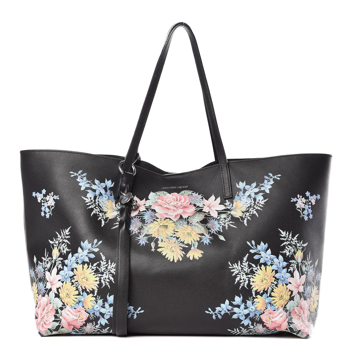 Grained Calfskin Floral Skull Open Shopper Tote Black Multicolor