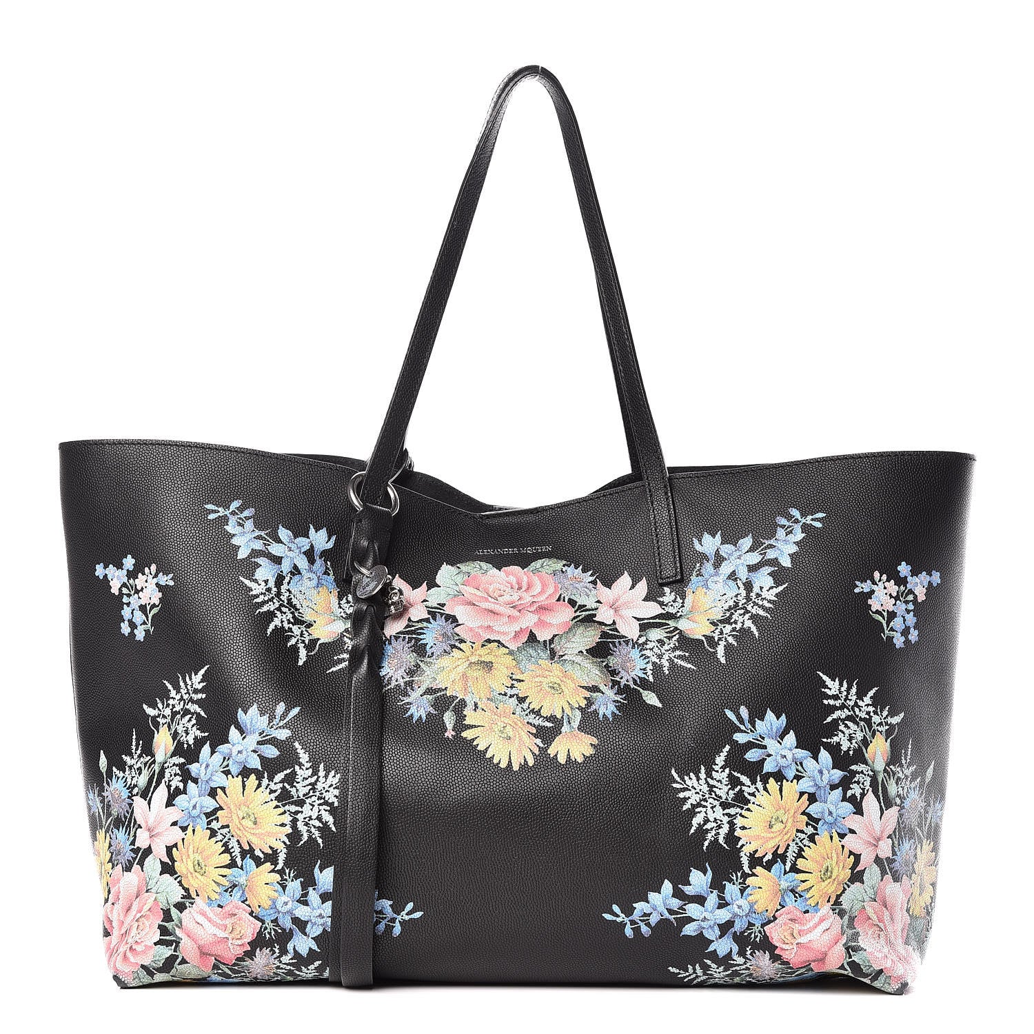 Alexander McQueen Grained Calfskin Floral Skull Open Shopper Tote Black Multicolor 3 of 16