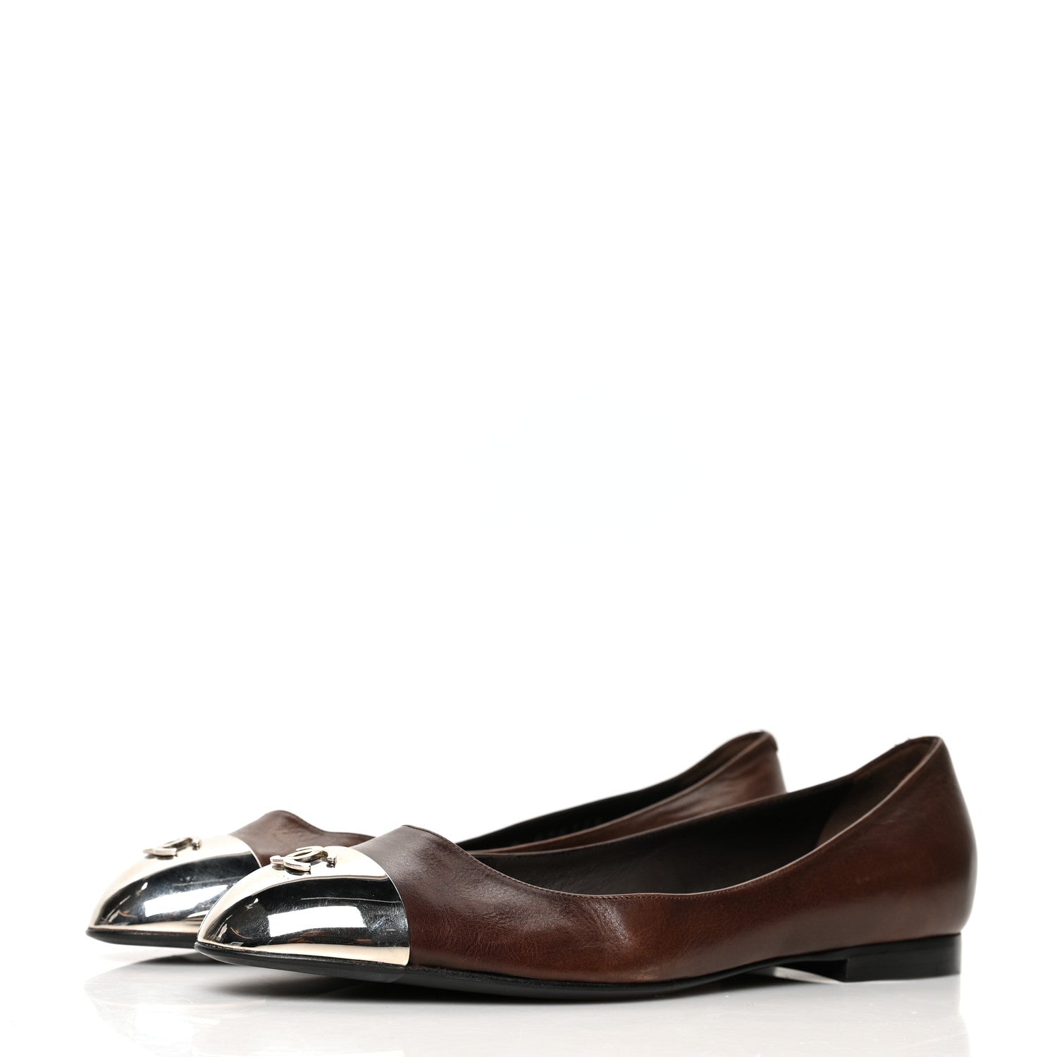 Chanel Calfskin Metal Cap Toe CC Ballerina Flats 36 Brown Gold 3 of 10