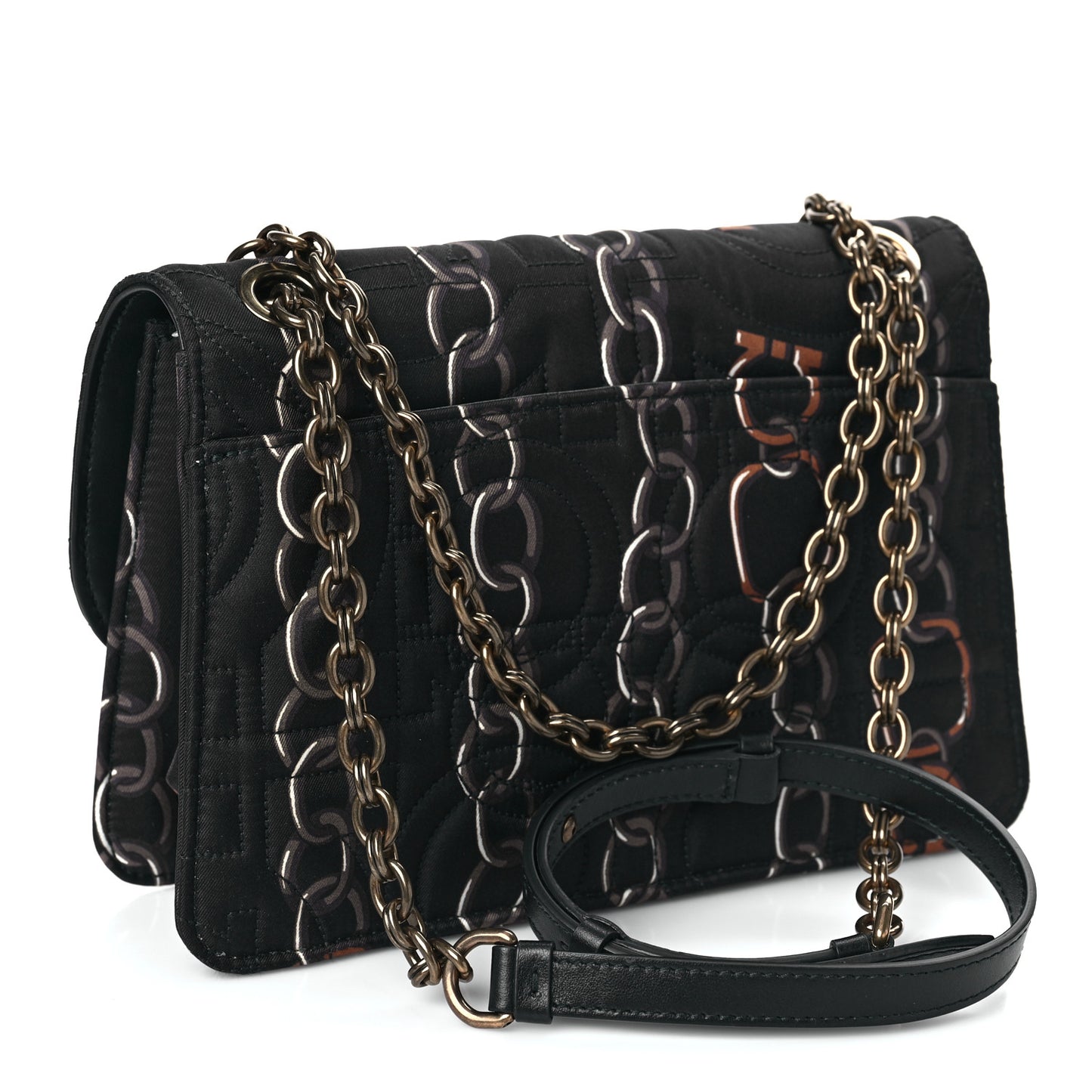 Silk Twill Quilted Print Gancini Flap Bag Black