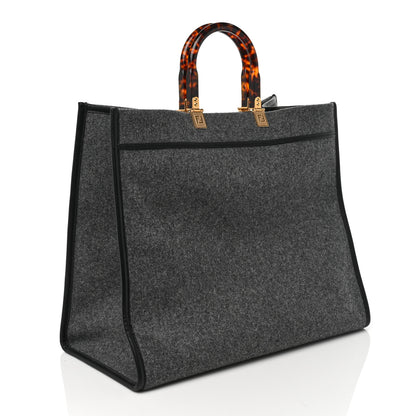 Fendi Melange Flannel Plexiglass Satin Logo Embroidered Threaded Edge Large Fendi Sunshine Shopper Tote Grigio Black 3 of 9