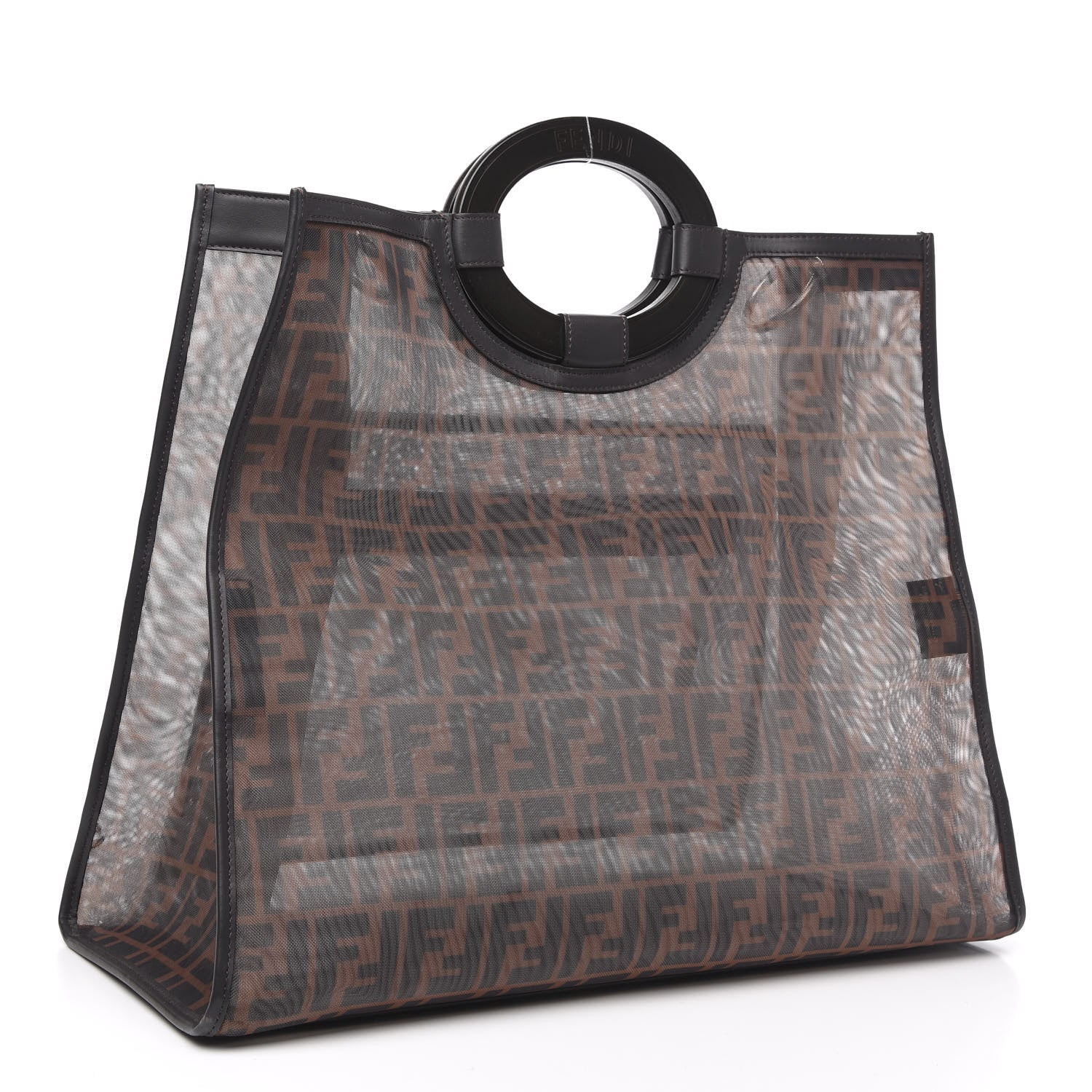 Fendi Mesh Vitello Century Cuoio FF 1974 Large Runaway Shopper Tote Marrone Black Ebano 3 of 10