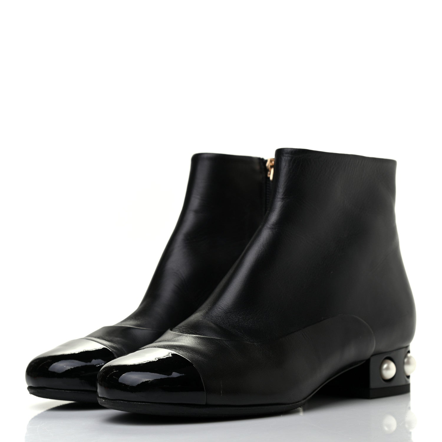 Chanel Lambskin Patent Pearl Cap Toe Short Boots 36 Black 3 of 8