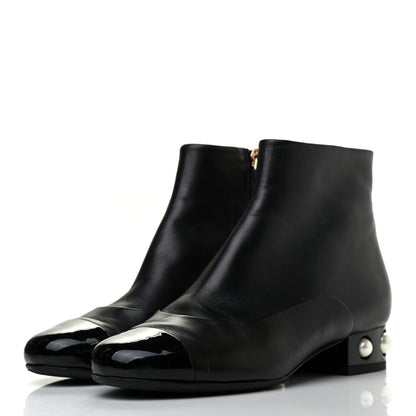 Chanel Lambskin Patent Pearl Cap Toe Short Boots 36 Black 3 of 8