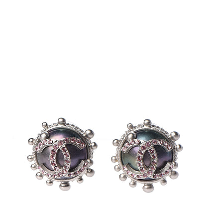 Chanel Pearl Crystal CC Earrings Silver Pink 1 of 4