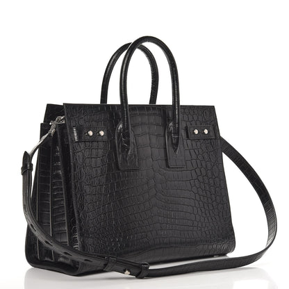 Saint Laurent Calfskin Crocodile Embossed Small Supple Sac de Jour Black 4 of 8