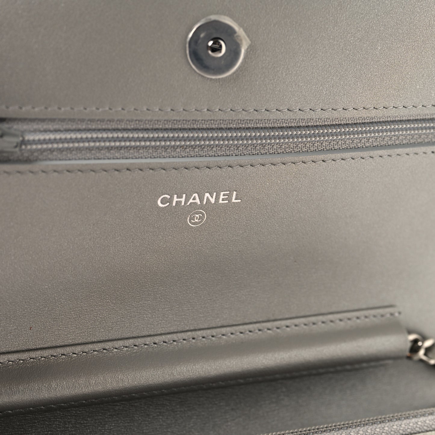 Metallic Crumpled Calfskin Quilted Flap Charm Wallet On Chain WOC Silver