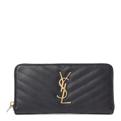 Saint Laurent Grain De Poudre Matelasse Chevron Monogram Zip Around Wallet Black 1 of 7